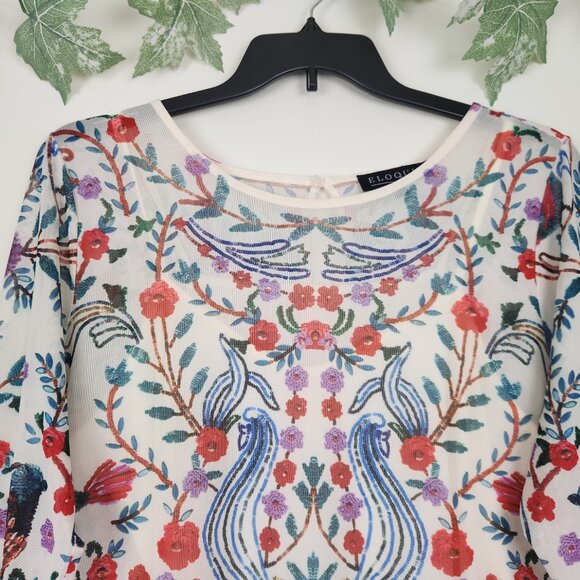 ELOQUII Size 16 Floral Birds Multicolor Mesh Long Sleeve Boho Stretch Dress - Picture 3 of 9